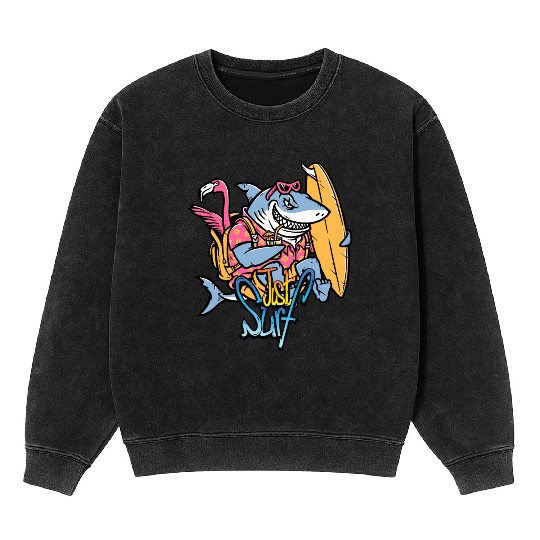 Just Surf – Cool Shark with Surfboard & Flamingo Mineral Wash Sweatshirts