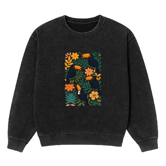 Colorful Tropical Toucan and Floral Mineral Wash Sweatshirts