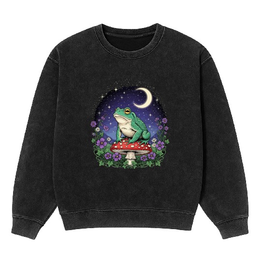 Green Frog on Red Mushroom - Starry Night Mineral Wash Sweatshirts
