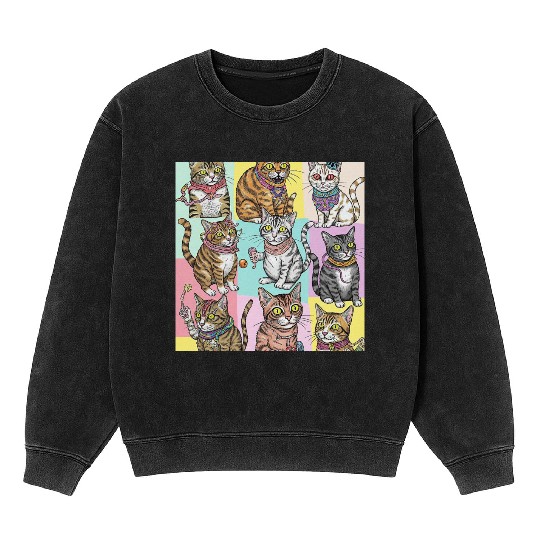 Psychedelic Cat Collage Mineral Wash Sweatshirts