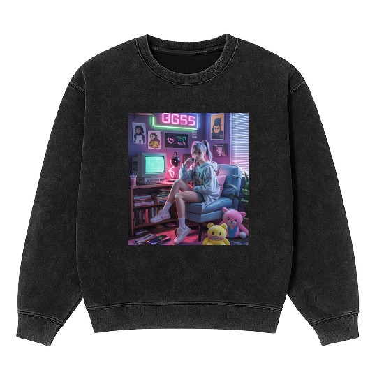 Y2K Gamer Girl Vibes – Retro Tech & Neon Room Aest Mineral Wash Sweatshirts