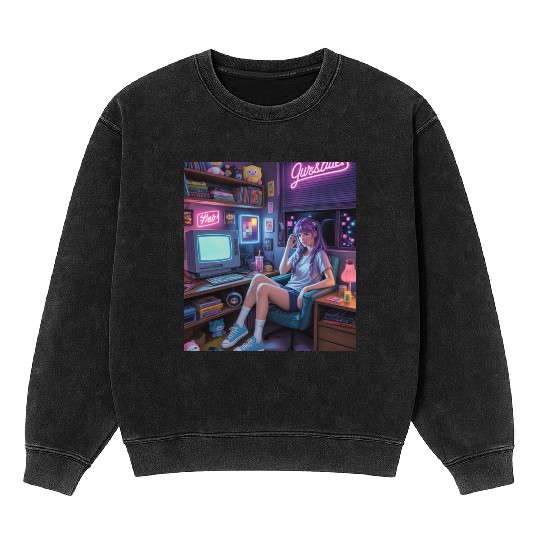 Y2K Gamer Girl Vibes – Retro Tech & Neon Room Aest Mineral Wash Sweatshirts