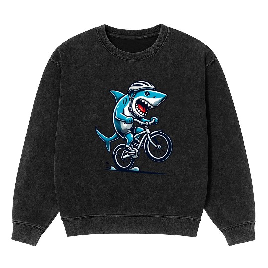 Shark Racing on Bike • Funny Cycling Shark Ride Mineral Wash Sweatshirts