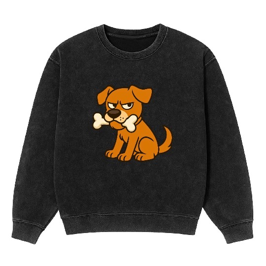 Grumpy Dog with Bone – Cute Cartoon Style Mineral Wash Sweatshirts