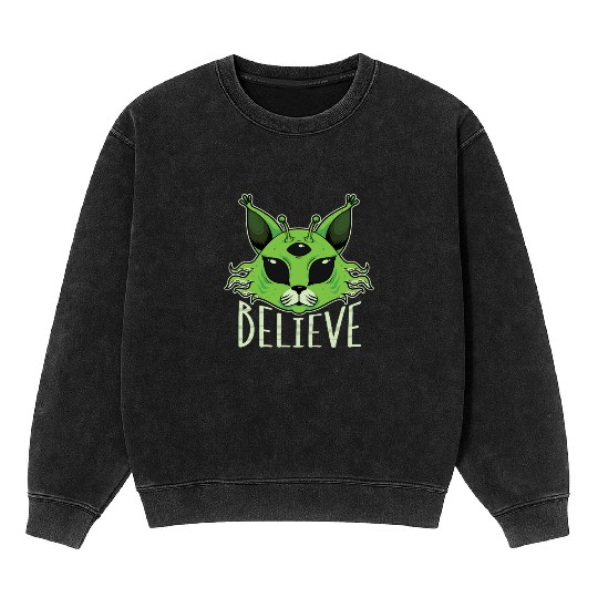 Alien Cat Believe Meme Art Mineral Wash Sweatshirts