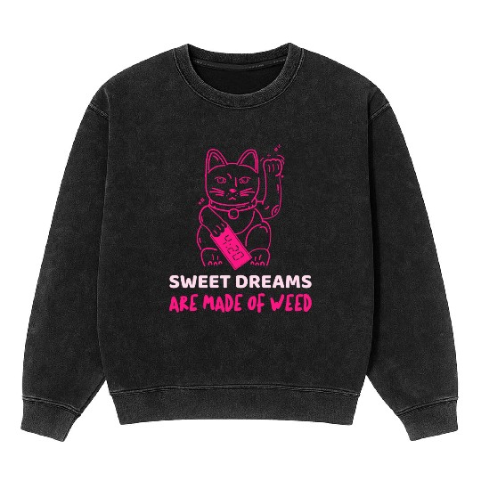 Neon Maneki Neko with Weed Motif Mineral Wash Sweatshirts
