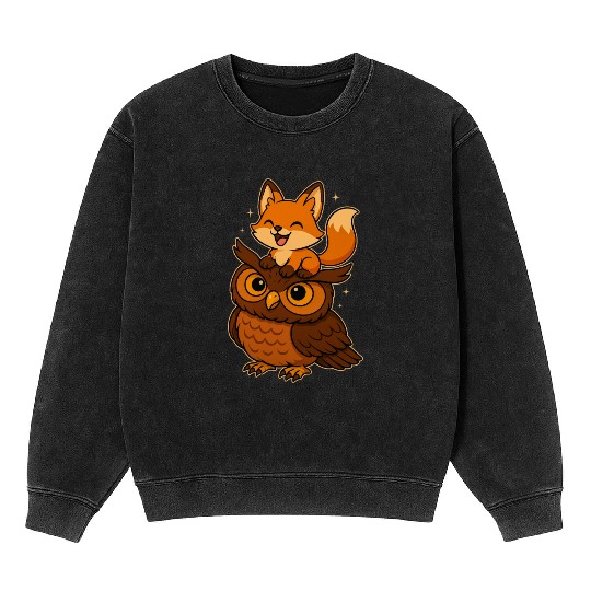 Funny Fox and Owl Cute Forest Animals Cartoon Mineral Wash Sweatshirts