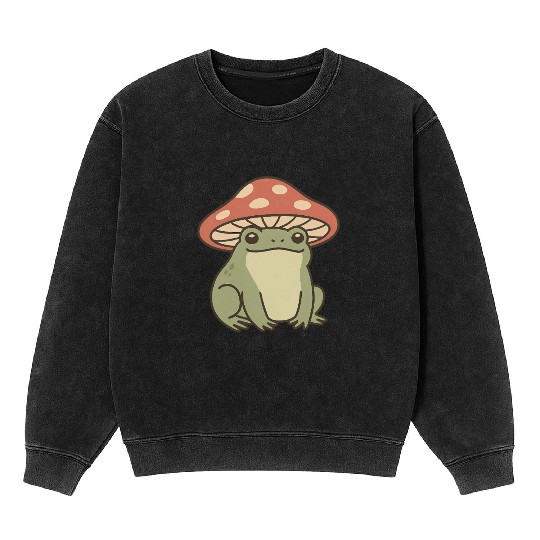 Whimsical Frog with Mushrooms Illustration Mineral Wash Sweatshirts