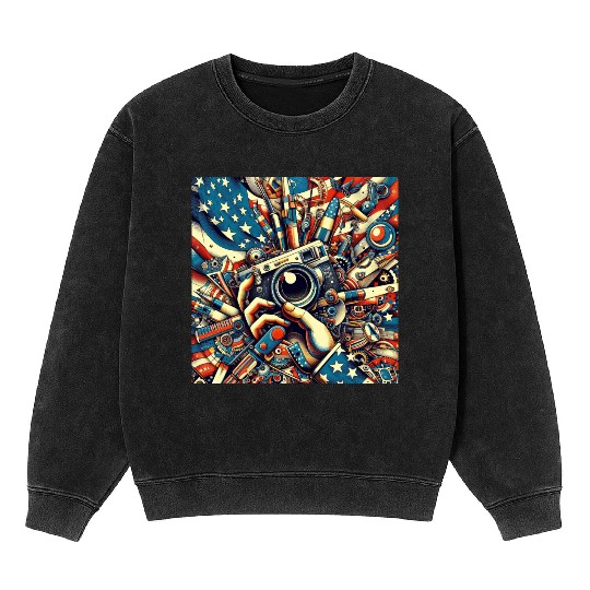 Patriotic Photography Gear Illustration Mineral Wash Sweatshirts