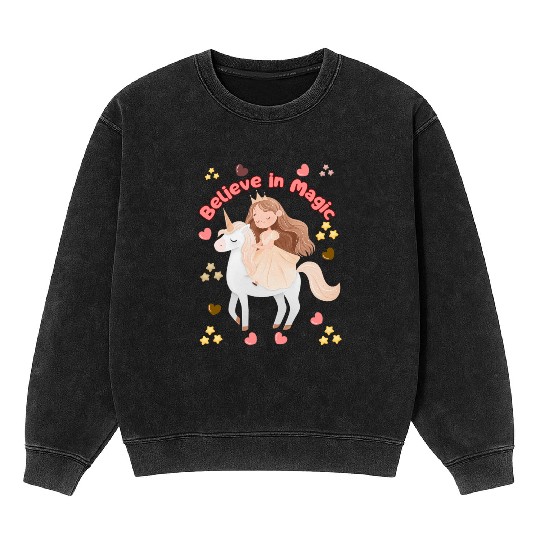Whimsical Unicorn - Magic Girl - Believe in Magic Mineral Wash Sweatshirts