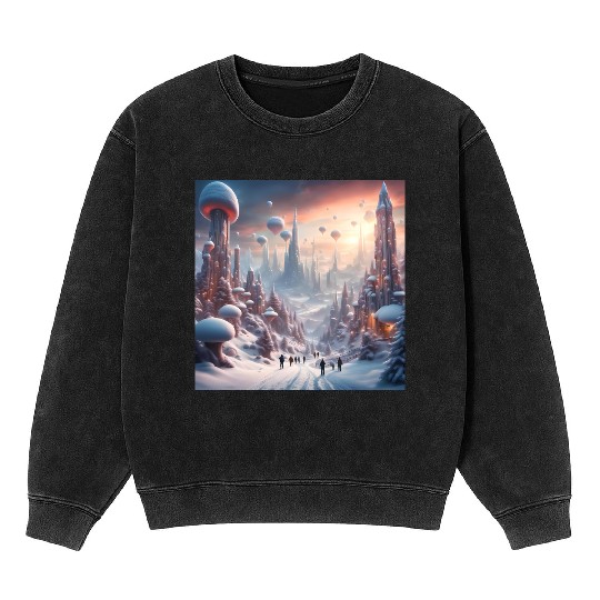 Futuristic Snowy Cityscape with Floating Balloons Mineral Wash Sweatshirts