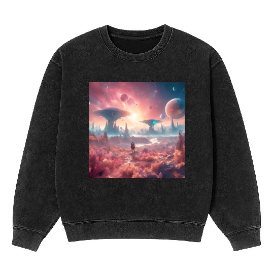 Alien Planet Explorer in Surreal Landscape Mineral Wash Sweatshirts