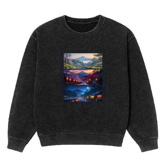 003 - Serene Mount Fuji Nightscapes Mineral Wash Sweatshirts