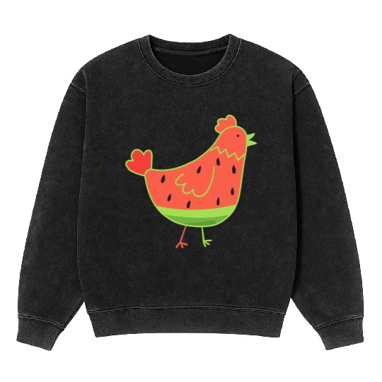 Whimsical Watermelon Chicken Illustration Mineral Wash Sweatshirts