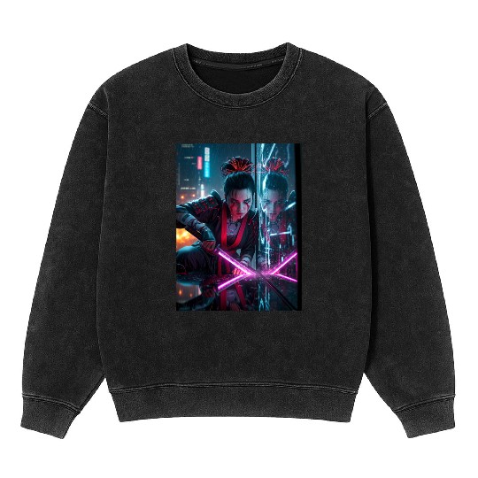 Cyberpunk Samurai Girl Mineral Wash Sweatshirts
