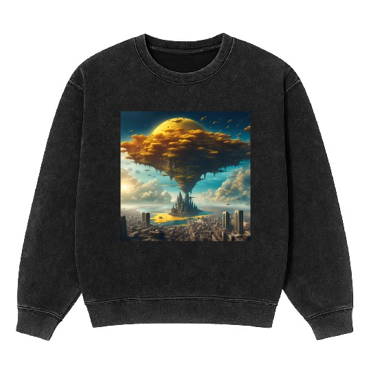 Sci-Fi Alien City: Floating Planet Twilight Scene Mineral Wash Sweatshirts