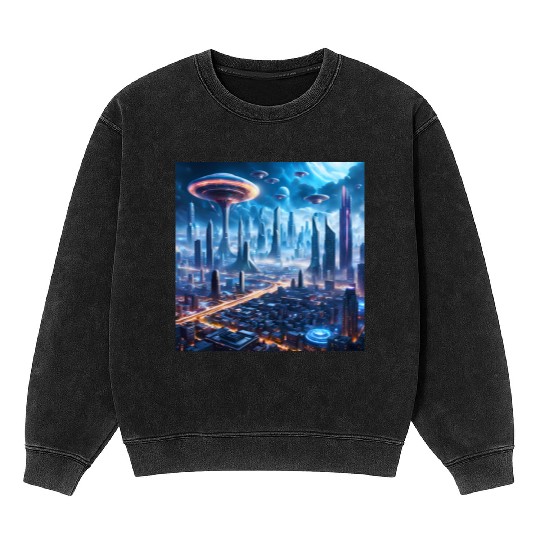 Cyberpunk World Cityscape with Alien Ufo Skies Mineral Wash Sweatshirts