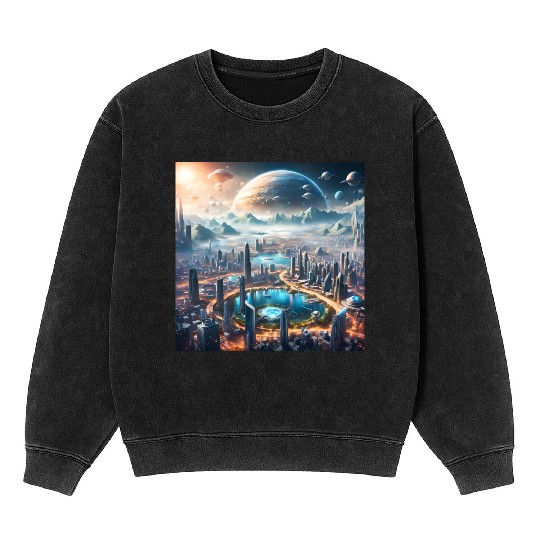Futuristic Cityscape with Alien Planets Sci-Fi Mineral Wash Sweatshirts