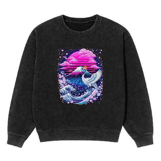 Neon Sakura Crane & Mount Fuji Scene Mineral Wash Sweatshirts