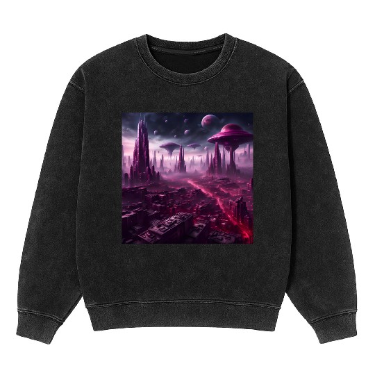 Sci-Fi Future World And Alien City in Neon Pink Mineral Wash Sweatshirts