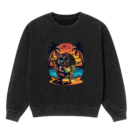 Sunset Kitty with Coconut Drink Mineral Wash Sweatshirts