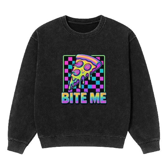 Bite Me – Y2K Glitch Pizza Neon Mineral Wash Sweatshirts