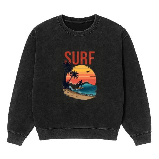 Sunset Surfing Beach Scene Mineral Wash Sweatshirts