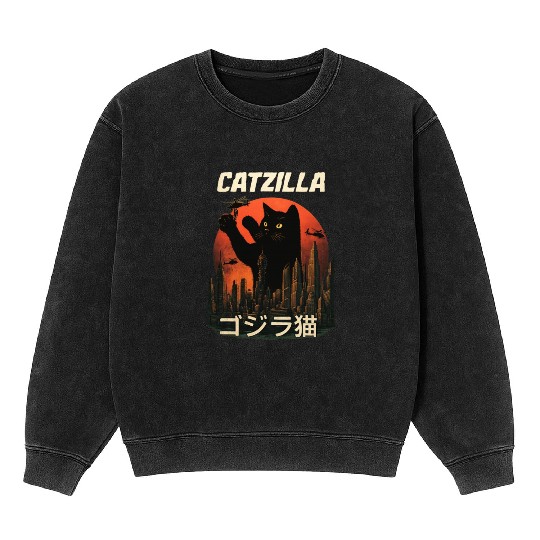 Vintage Catzilla: Funny Cat Monster Mineral Wash Sweatshirts