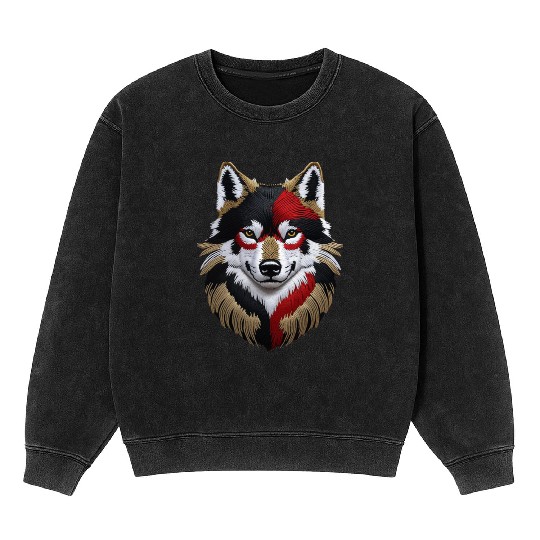 German Wolf Head in Black Red and Gold Mineral Wash Sweatshirts