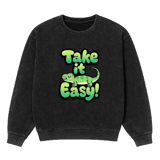 Relaxed Green Lizard – Take it Easy Cartoon Design Mineral Wash Sweatshirts