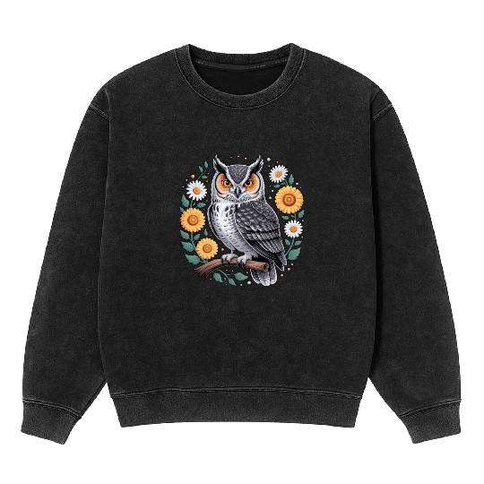 Floral Owl With Flowers And Blossoms Mineral Wash Sweatshirts