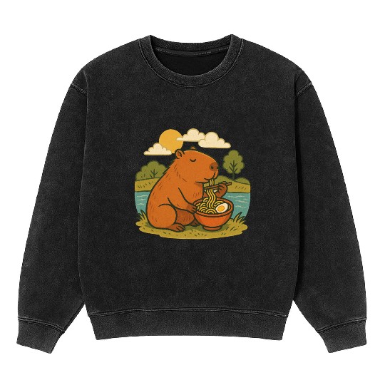 Bear Enjoying Ramen by the Lake Mineral Wash Sweatshirts