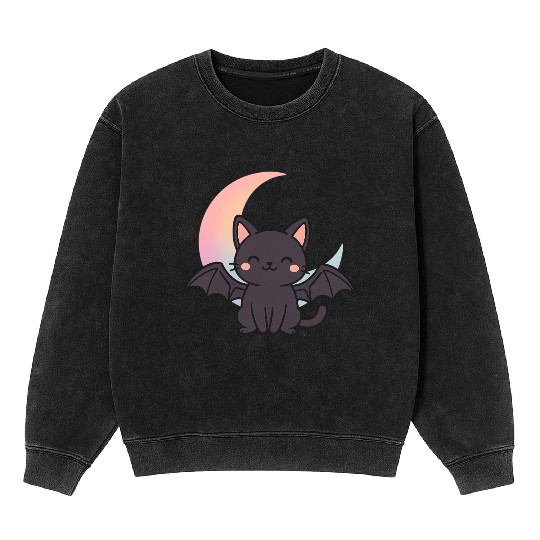 Cute Bat and Moon Illustration Mineral Wash Sweatshirts