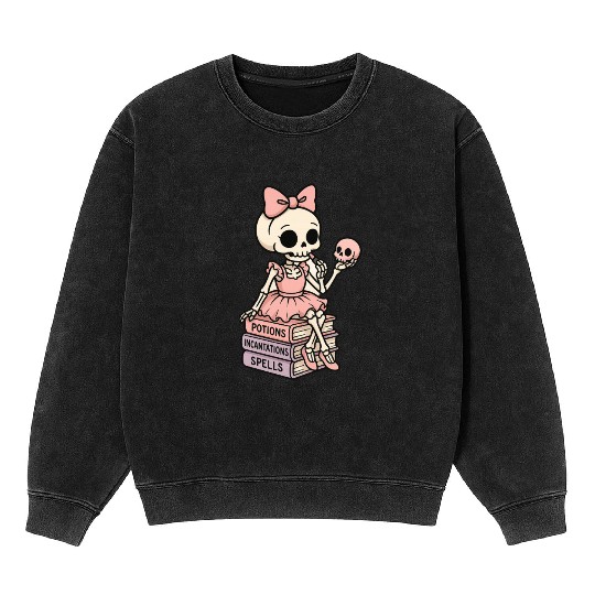 Cherry Blossom Skeleton with Potion Books Mineral Wash Sweatshirts