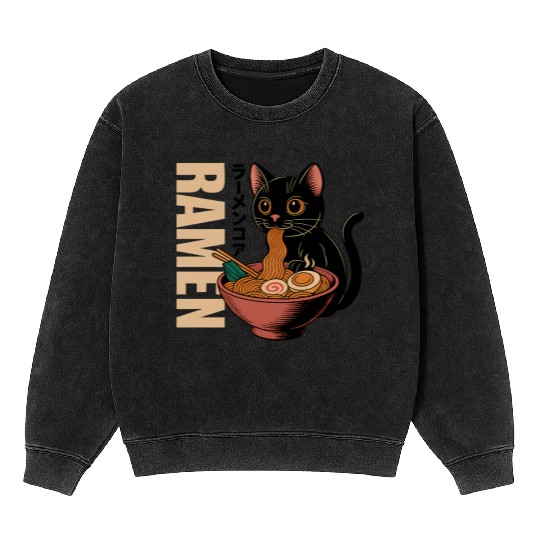 Black Cat Ramen Illustration Mineral Wash Sweatshirts