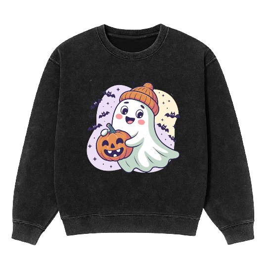 Ghost with Pumpkin & Beanie Mineral Wash Sweatshirts