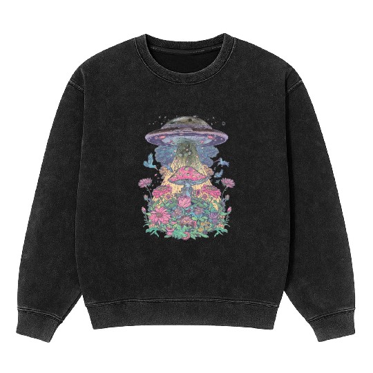 Boho Whimsical Surreal UFO Floral Mineral Wash Sweatshirts