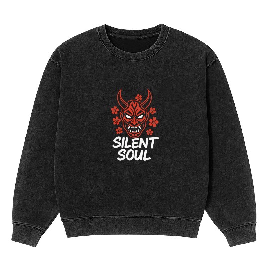 Demon Mask Cherry Blossom Design Mineral Wash Sweatshirts