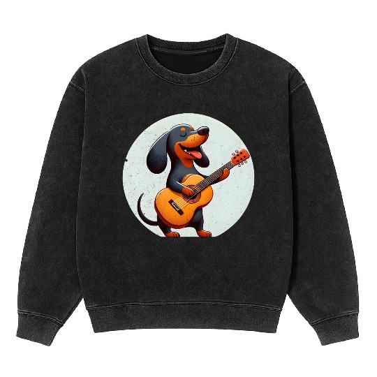Playful Dachshund Guitar Badge Mineral Wash Sweatshirts