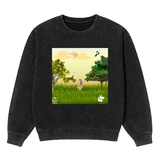 Serene Forest Girl with Bunny and Birds Mineral Wash Sweatshirts