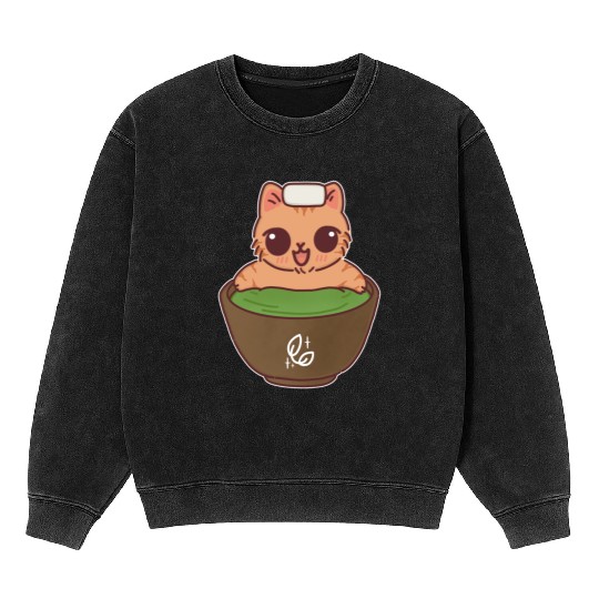 Kawaii Cat in Matcha Onsen Mineral Wash Sweatshirts