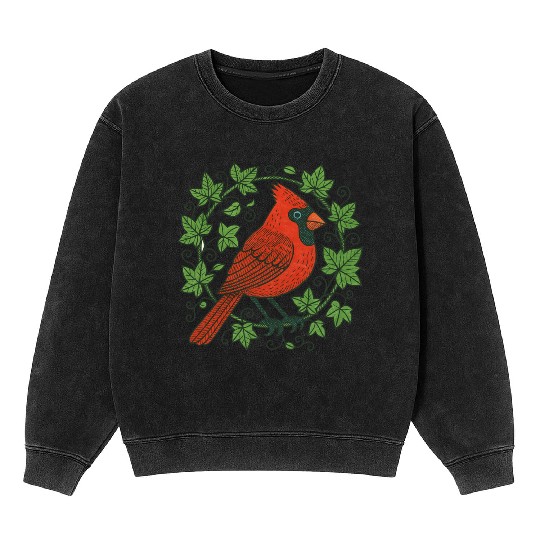 Vibrant Cardinal Amidst Ivy Leaves Mineral Wash Sweatshirts