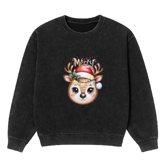 Rudolph Reindeer Watercolor Cozy Holiday Art Mineral Wash Sweatshirts