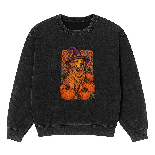 Halloween Wizard Golden Retriever with Pumpkins Mineral Wash Sweatshirts