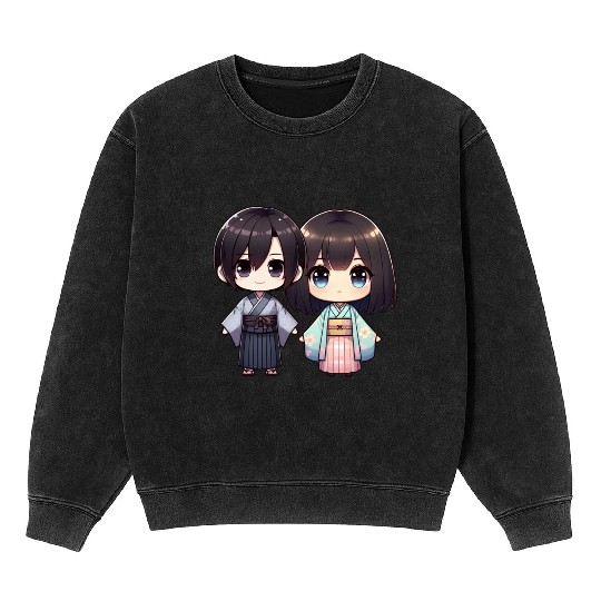 Chibi Kawaii Traditional Kimono Duo Mineral Wash Sweatshirts
