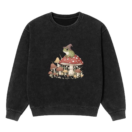 Whimsical Forest Frog in Magic Mushroom Scene Mineral Wash Sweatshirts