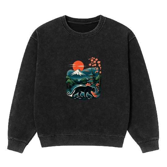 Serene Japanese Landscape with Mount Fuji Mineral Wash Sweatshirts