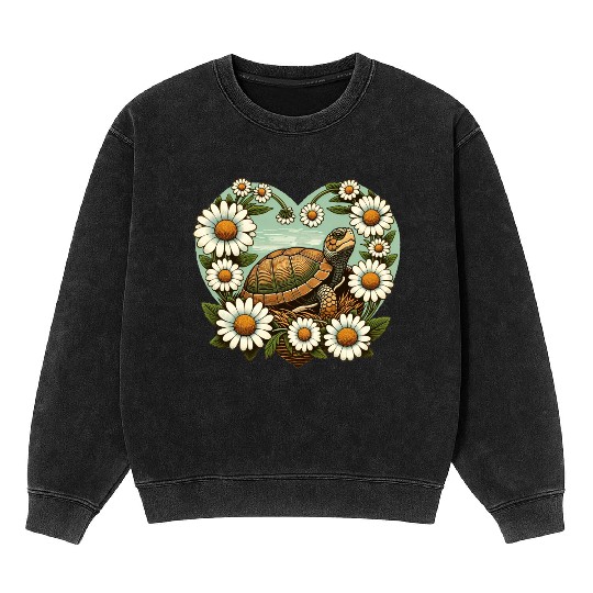 Turtle surrounded by Daisy Heart Design Mineral Wash Sweatshirts