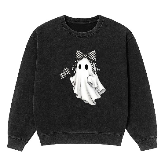 Ghost Boo Checkered Bow Race Day Racing Flag Racer Mineral Wash Sweatshirts