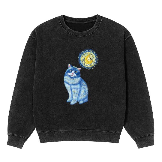 Blue Van Gogh Starry Night Ragdoll Cat Graphic Mineral Wash Sweatshirts